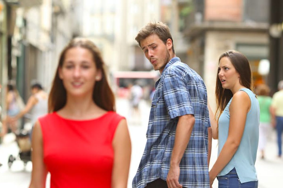 Distracted Boyfriend meme about Rare Beauty